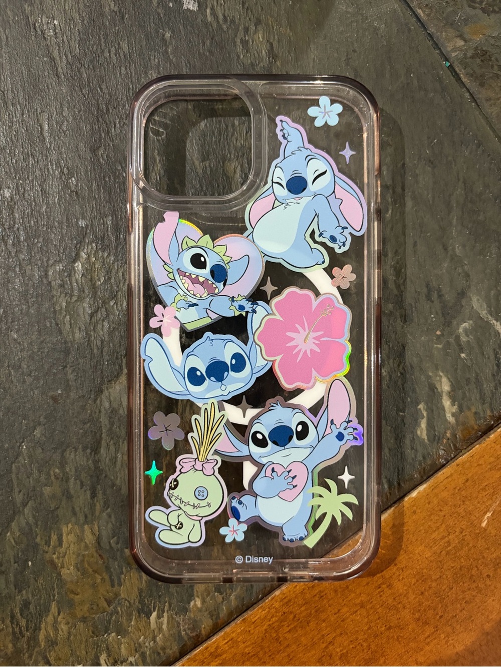 IPHONE 13 - Disney Stitch Clear Phone Case with Pink Hibiscus & Pastel Blue